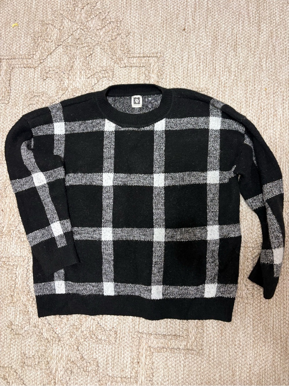 Anne Klein Black and Gray Windowpane Crewneck Sweater - Men